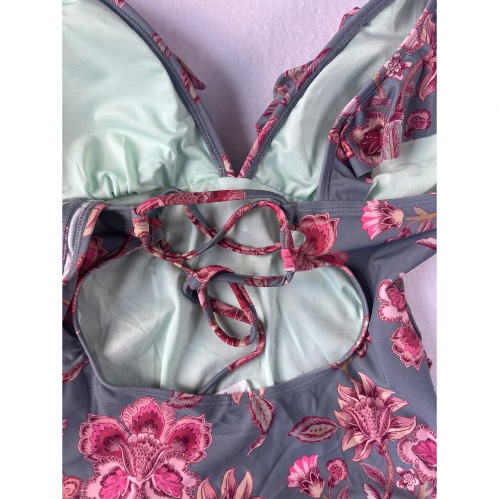 Floral‎ Ruffle V-Neck One Piece Swimsuit Gray Pink Lace Up Back Size Medium NWOT